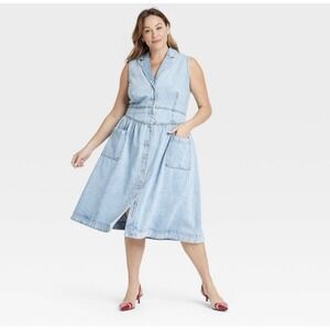 Ava & Viv Women's Denim Midi A-Line Dress Light Wash Size 20 Western Momcore